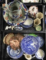 Two trays of ceramics including Leeds pottery reticulated Creamware vases, Adderley sauce tureen,