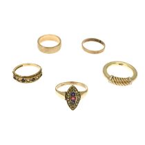 Five 9ct gold gem-set rings