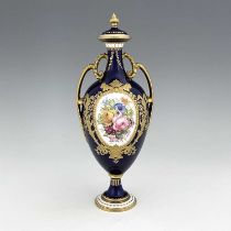 Harris for Royal Crown Derby, a floral painted vase and cover, 1906, twin handled pedestal urn form,