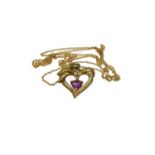 An amethyst and diamond set gold metal heart shaped pendant, together with a fine gold chain (2)