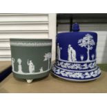 A Ridgeway blue jasper ware cheese dome and stand, sprigged decorated with classical figures and