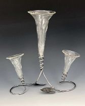 An Arts and Crafts silver plated and glass epergne, the wire stand in the form of an ivy vine with