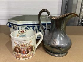 Naval interest: silverplated jug with crowned anchor and laurel wreath insignia, Shelley ceramic