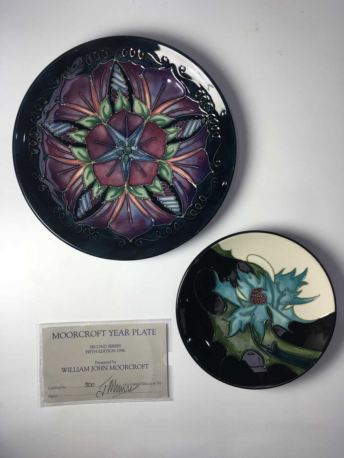 Emma Bossons, a Moorcroft Year plate, 1996, Morning Glory pattern, Second Series, fifth Edition,