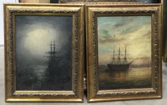 British School, late 19th Century, marine scenes - at moonlight and dusk, a pair, oil on board, 30