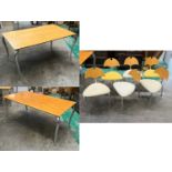 Two designer tables and six matching 'Dolphin' style chairs, each with metal legs (8)