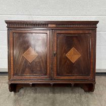 Wall hanging cupboard, parquetry inlaid, with dental cornice and an interior shelf W: 60 cm D: 16 cm