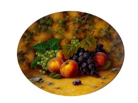 John Smith (British, 1934), still life of fruit on a mossy bank, a pair, both signed l.r., oval, oil