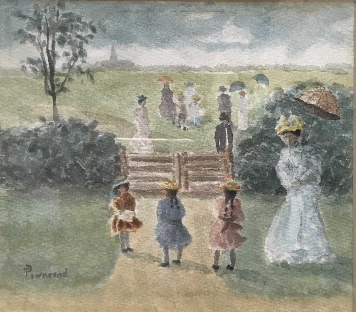 P Townsend, Victorian figures in rural landcape, naive watercolour, framed