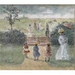 P Townsend, Victorian figures in rural landcape, naive watercolour, framed