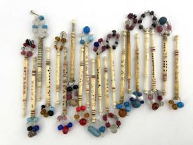 Twenty antique bone lace bobbins with mottos and names, many made by 'Bobbin' Brown, mottoes, Love