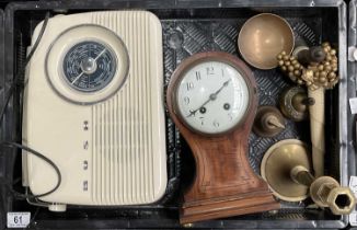 brassware together with a balloon clock and a Bush radio