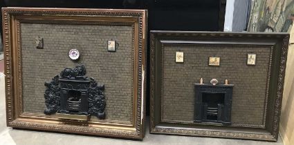 Two fireplace diorama pictures, incorporating cast iron miniature fire surrounds and ornaments,