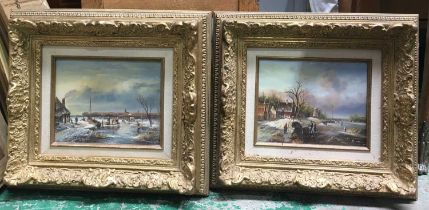 20th Century School, Dutch winter landscapes with figures, windmill etc, a pair, oil on board, 18 by