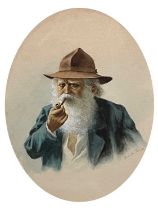 Italian School, early 20th Century, portrait of a bearded man, bust-length smoking a pipe, oval,