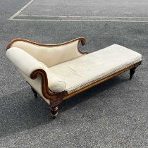 A Chaise long, scroll terminals, with turned reeded supports, on castors W: 190 cm D: 65 cm H: 89