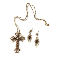 A pair of 9ct gold garnet earrings and a gem-set cross pendant
