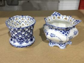 Two Royal Copenhagen blue lace vases, reticulated openings, printed maker's marks and No.1015 and