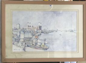 Michael Warren (born 1938-), Battersea Power Station, watercolour, signed, 57cm x 90cm, framed