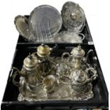 A collection of electroplate and metalware including a twin handled tray, waiter, two coffee pots,