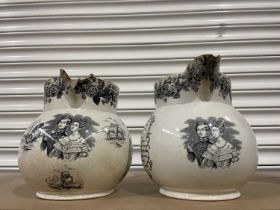 A pair of Victoria and Albert large documentary pearlware jugs of baluster form, mid-19th Century,