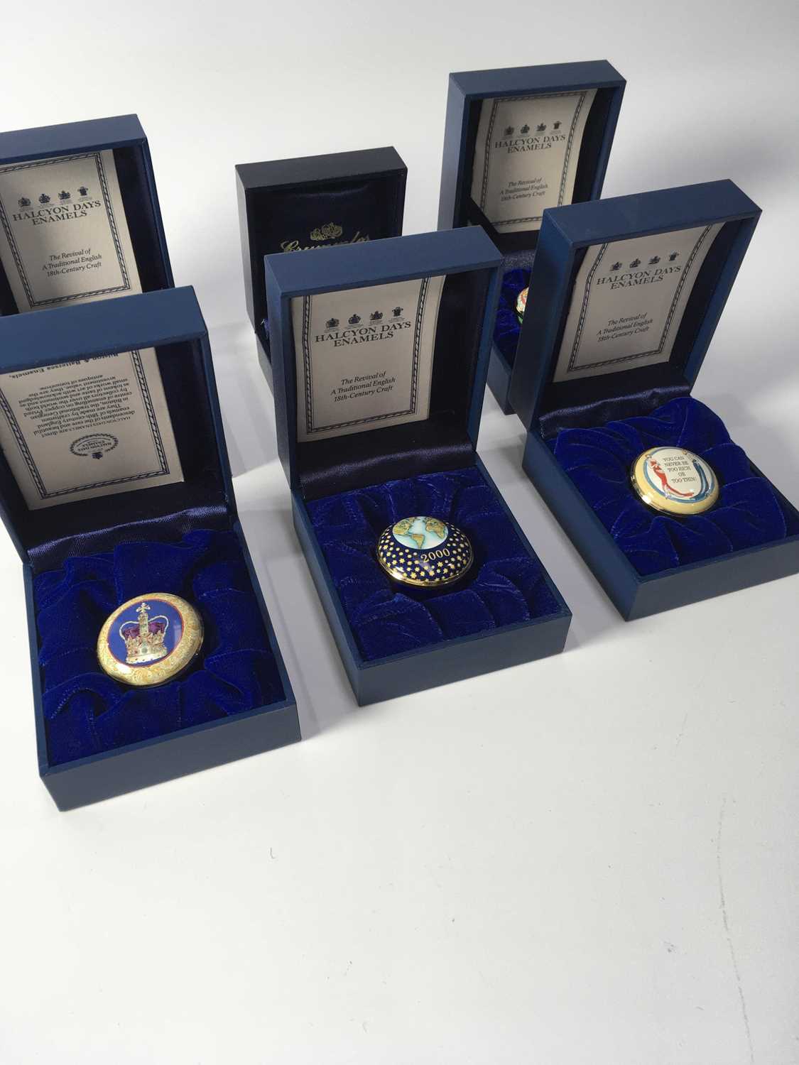 Six Halcyon Days enamelled pill boxes, circular form, including St Edward's Crown, 2000, The Year to - Image 3 of 3