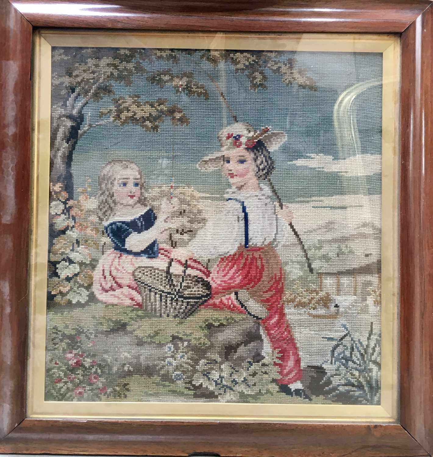 A Victorian woolwork pictures, depicting children fishing, framed