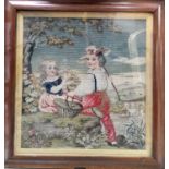 A Victorian woolwork pictures, depicting children fishing, framed