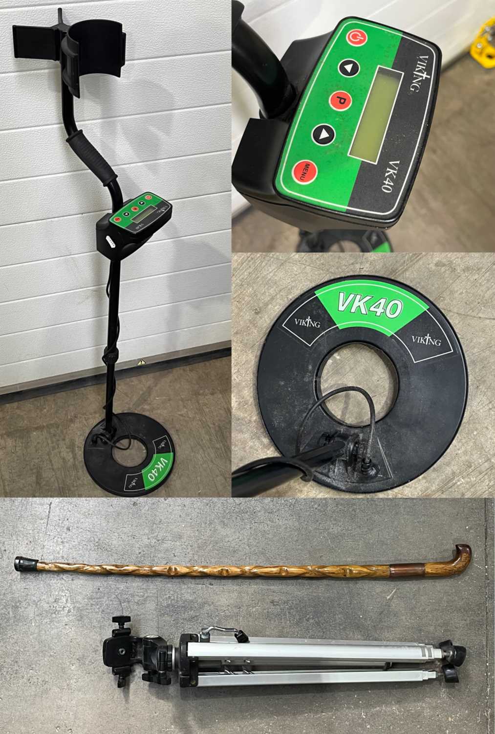 A Viking metal detector, a Ferguson VA347 Videostar tripod, and a knurled wooden walking stick (3)