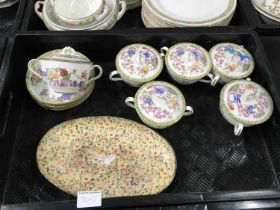 A set of six Hammersley covered soup bowls and stands, a Locke & Co blush ivory pot, a white metal