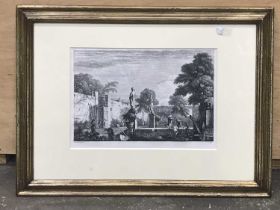 Marco Ricci (1676 - 1730), etching on paper, a walled garden with statues and gardeners at work,