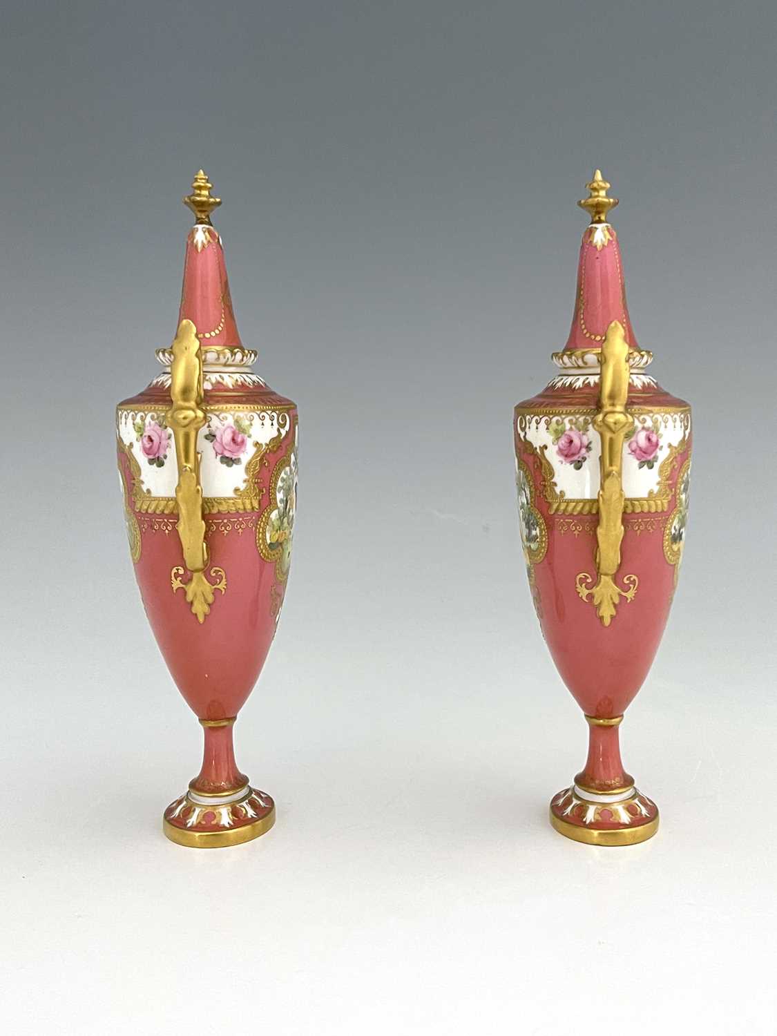 A pair of Royal Crown Derby exotic bird painted vases and covers, 1909, twin handled pedestal urn - Image 4 of 7