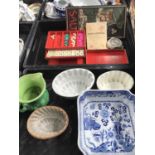A Chad Valley Mah Jongg set and another board game, a Spode blue and white bowl, jelly moulds, The