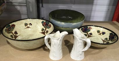 A collection of ceramics to include 2 regal ware Glendene bowls, a pair of Royal Worcester leaf jugs