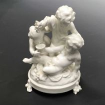 A late 19th century Capodimonte style blanc de chine figure group, depicting Bachanallian cherubs,