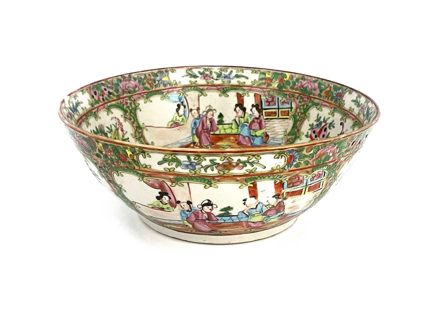 A Chinese Canton Famille rose bowl, Qing Dynasty, 19th Century, decorated with panels of narrative