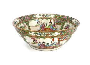 A Chinese Canton Famille rose bowl, Qing Dynasty, 19th Century, decorated with panels of narrative