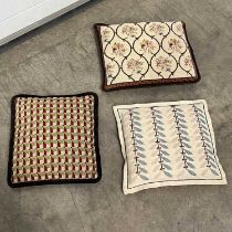 Three Danish woolwork cushions, geometric and floral designs (3)