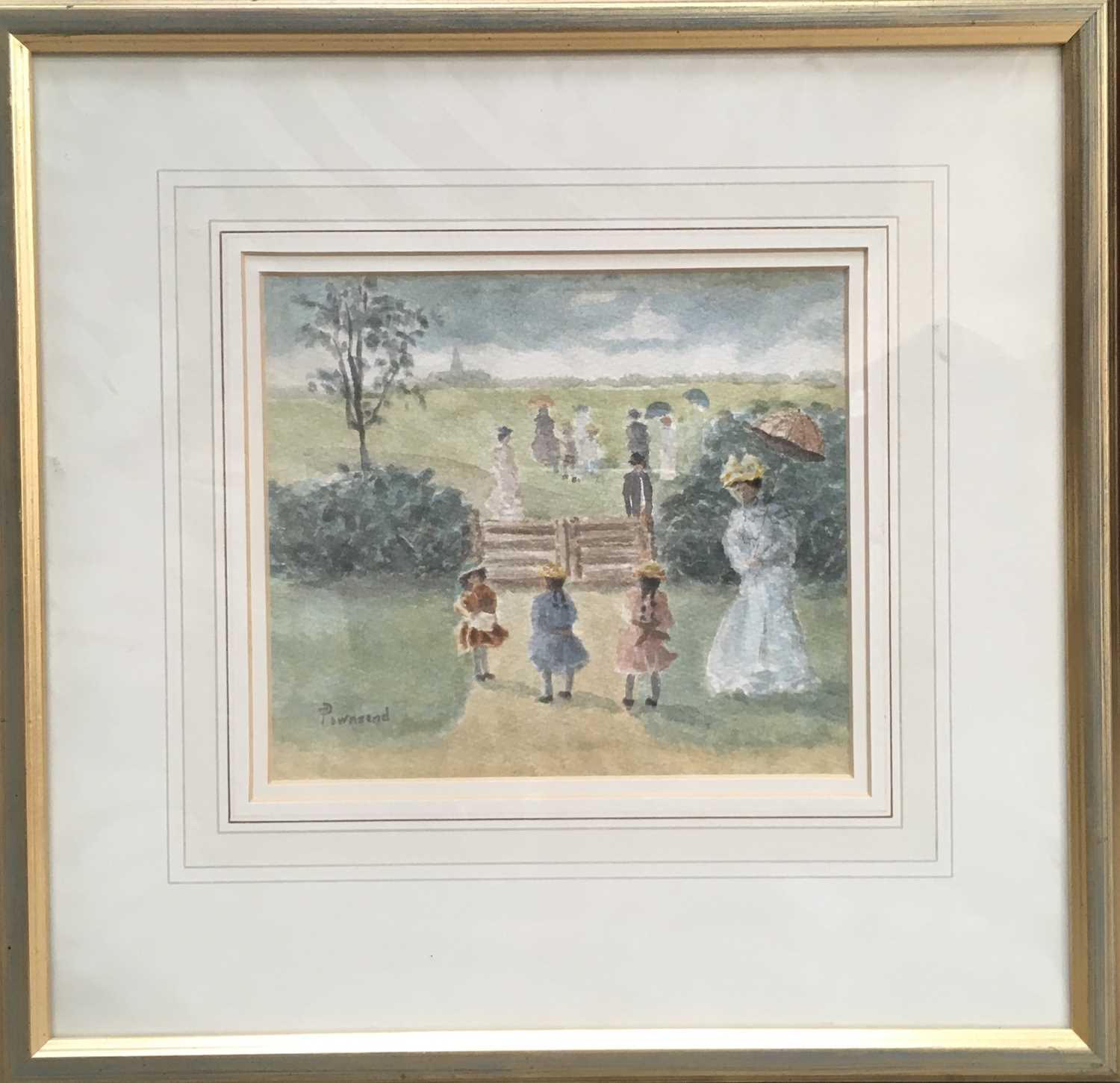 P Townsend, Victorian figures in rural landcape, naive watercolour, framed - Image 2 of 2