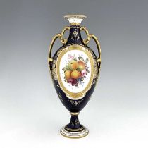 Cuthbert Gresley for Royal Crown Derby, a fruit painted vase, 1903, twin handled pedestal urn