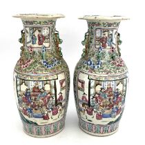 A pair of Chinese famille rose vases, Canton 19th century, shouldered form with lizard moulded necks