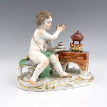 A Meissen allegorical figure of Fire, modelled as a putto making hot chocolate, on gilt