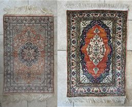 Two Oriental Kashmir style silk rugs 60 x 93 cm, and 45 x 67 cm