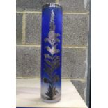 A Silver overlay Laugharne glass vase, cylindrical form, decorated with Verbascum on a mottled