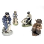 Four Royal Copenhagen figures, boy with pig, no.848, shepherd with dog, no.782, boy whittling stick,