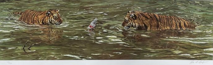 'Playful two tigers with a coke bottle', 118/500 limited edition print by Alan Hunt 78 x 25