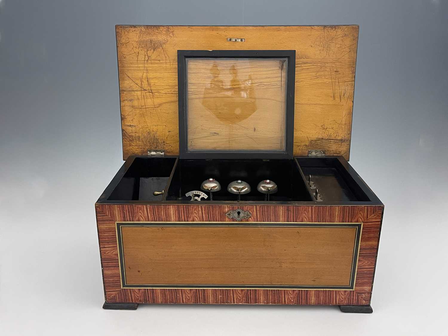 A 19th century Swiss 10 air musical box, with three bells, simulated rosewood case with painted - Image 2 of 10