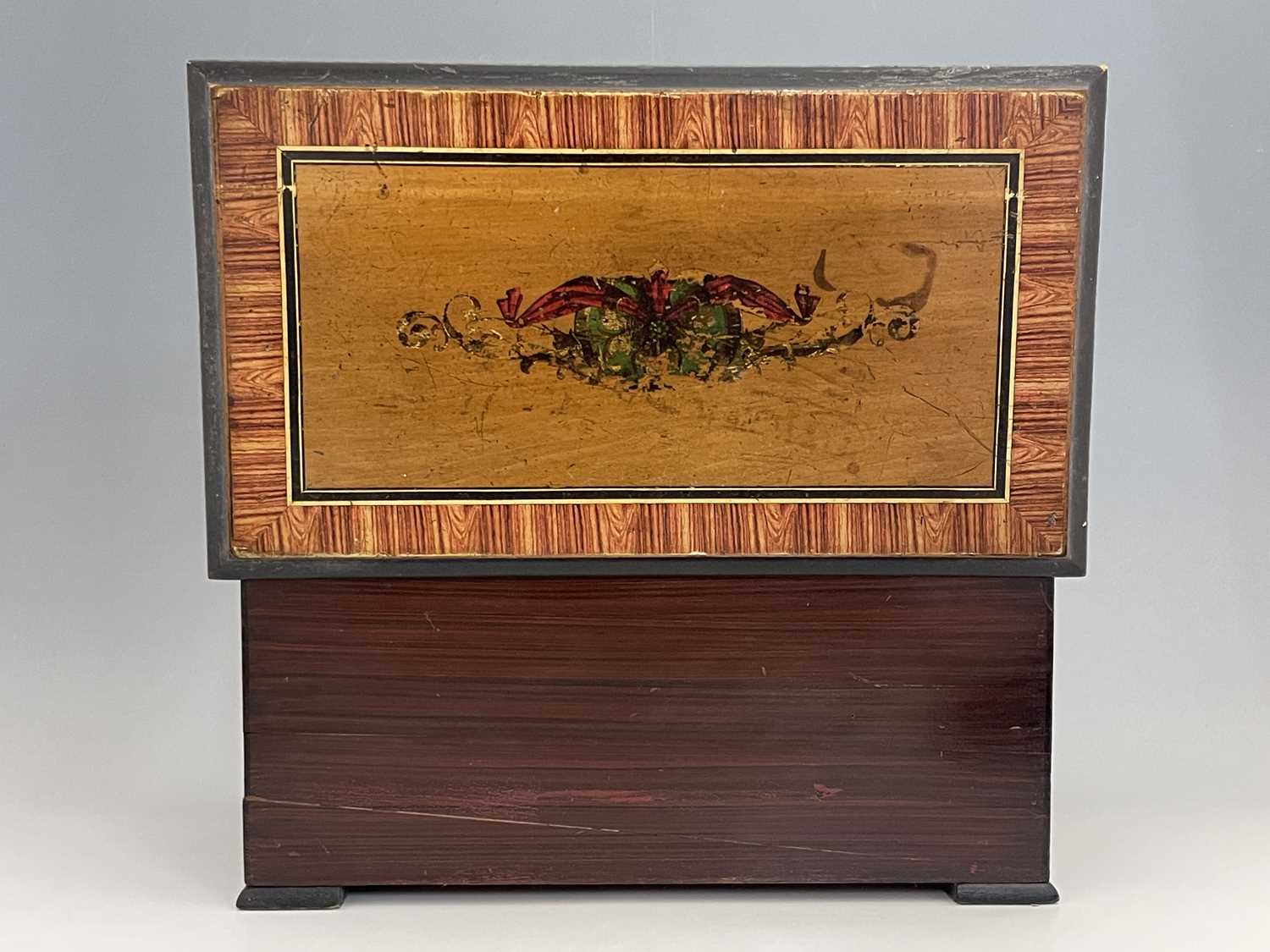 A 19th century Swiss 10 air musical box, with three bells, simulated rosewood case with painted - Image 10 of 10
