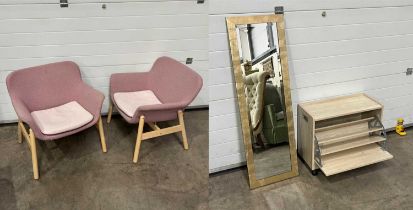 A pair of 'Vedbo' low back arm chairs, IKEA, together worthy a rectangular mirror, and a magazine