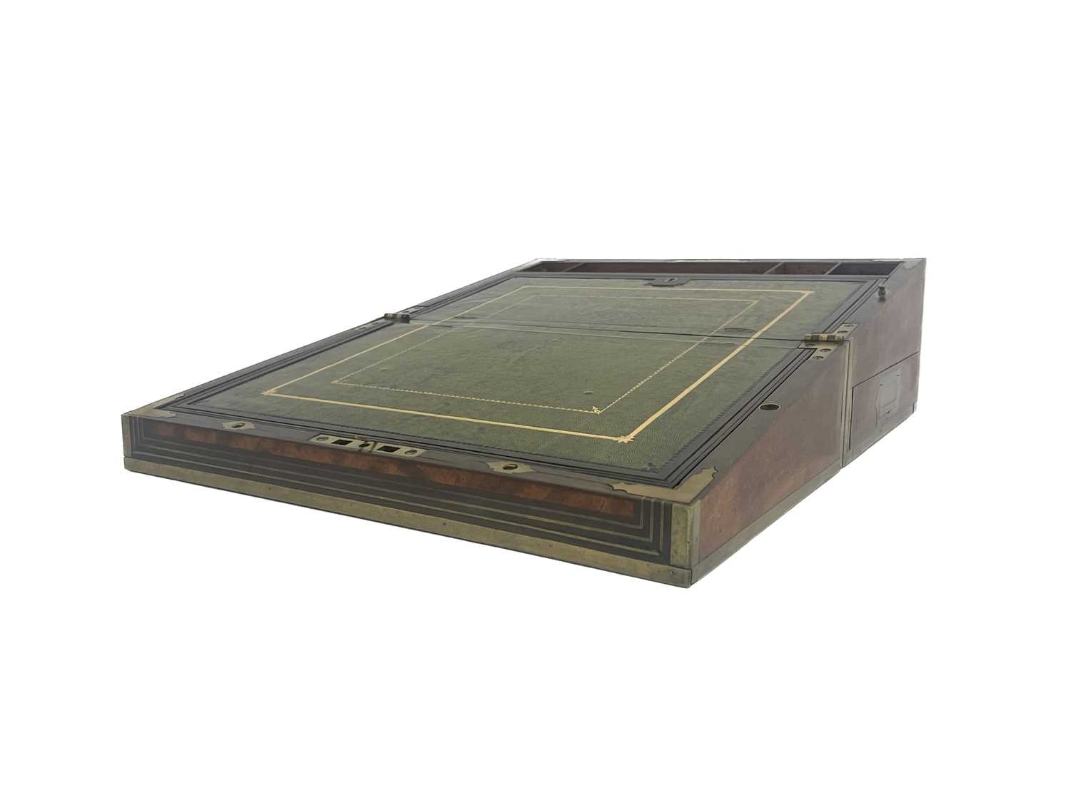 A George III flame mahogany campaign writing slope, circa 1820, brass-bound with a triple strung - Image 4 of 8